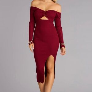 Windsor Chic Attitude Ribbed Knit Off-The-Shoulder Midi Dress